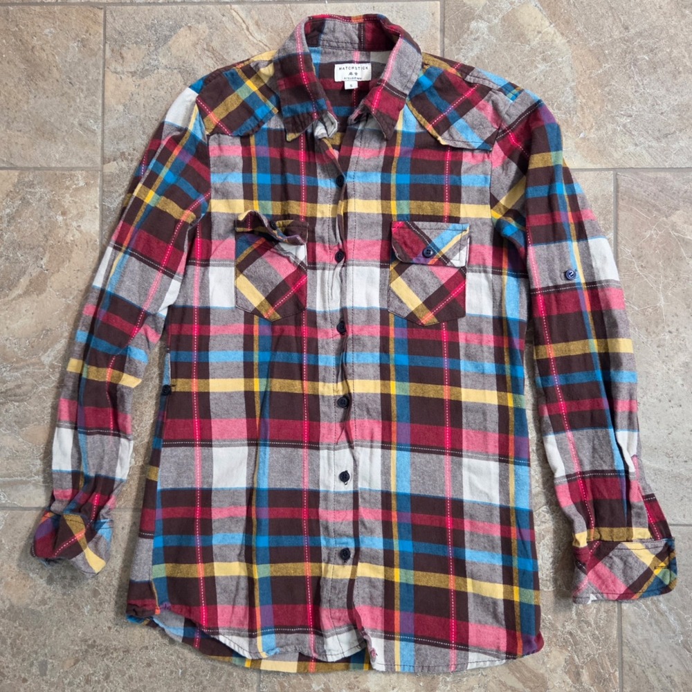 Matchstick Womens Plaid Flannel Shirt Multicolor Western Cotton Button Up Small